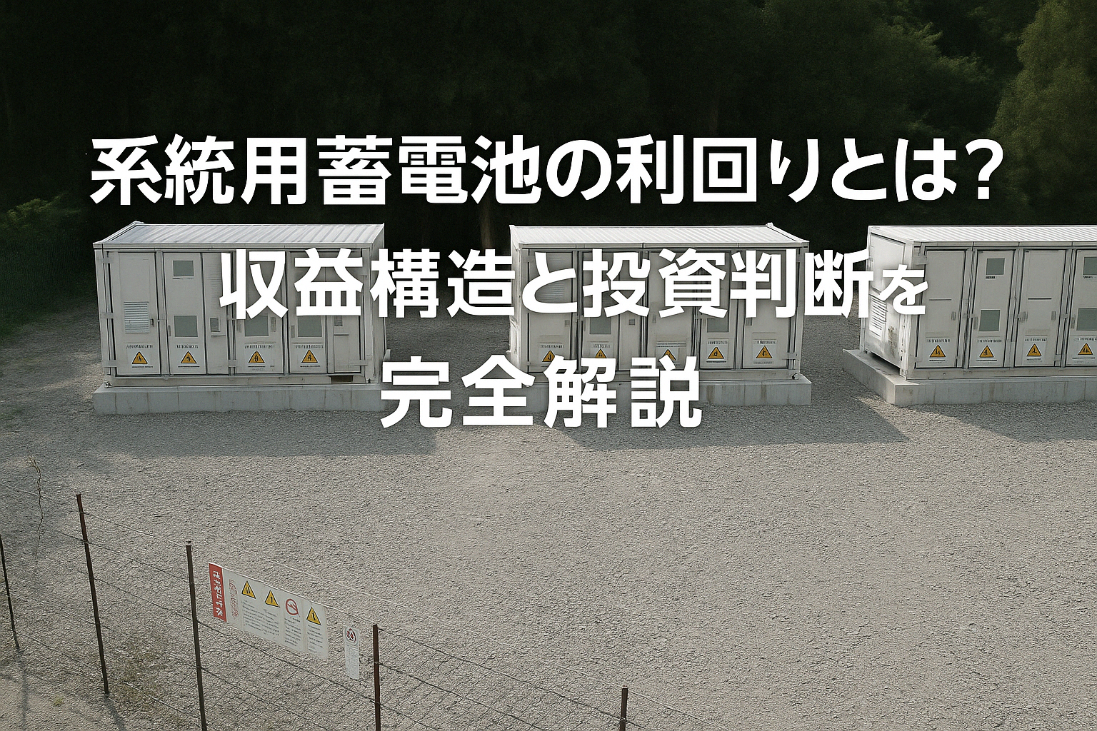 系統用蓄電池設備の全景とともに、「系統用蓄電池の利回りとは?収益構造と投資判断を完全解説」と記載された解説用サムネイル画像。森林を背景に、白い蓄電池ユニットが整然と設置されている。