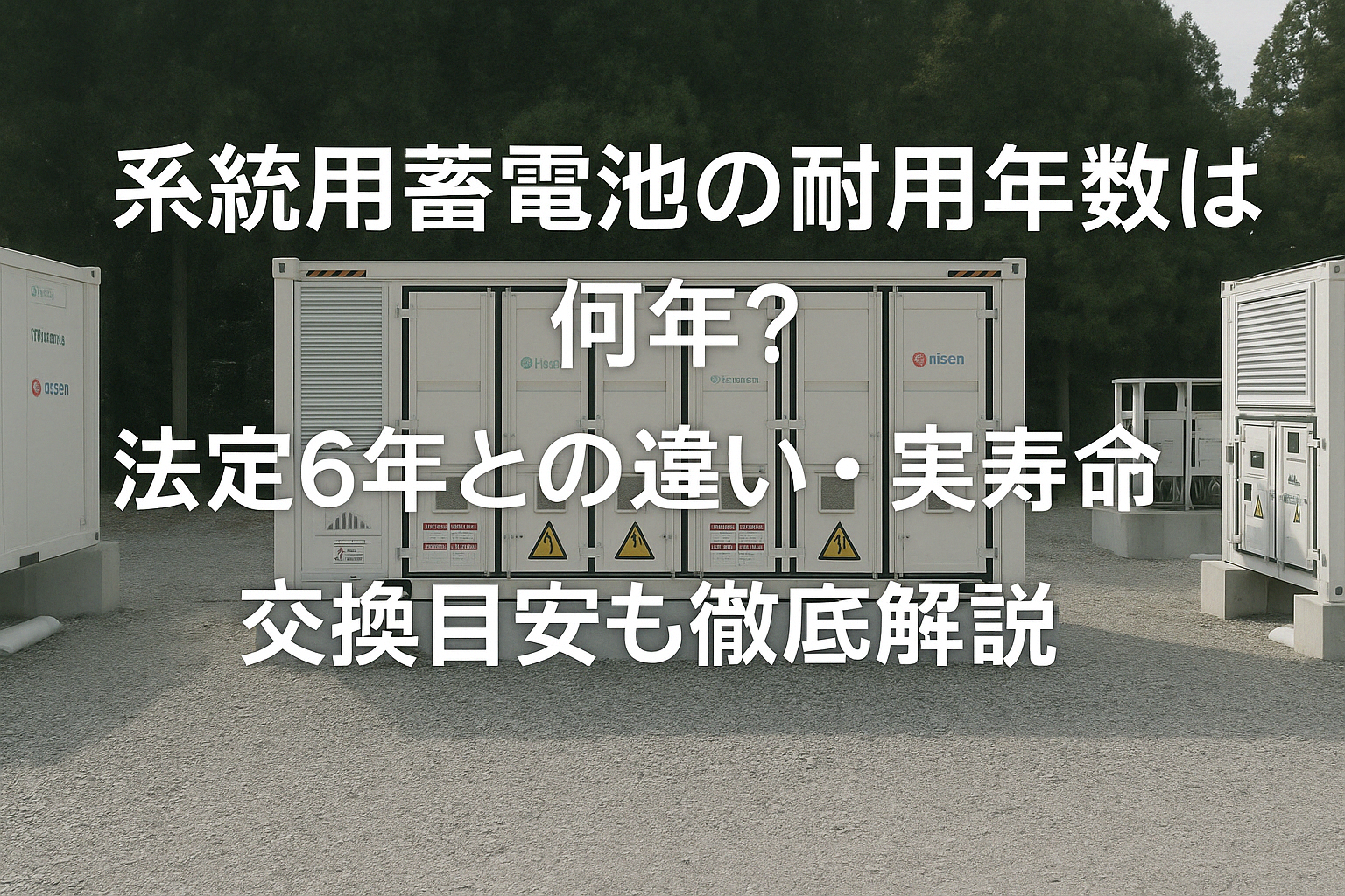 系統用蓄電池設備の設置現場に重ねて、「系統用蓄電池の耐用年数は何年?法定6年との違い・実寿命・交換目安も徹底解説」